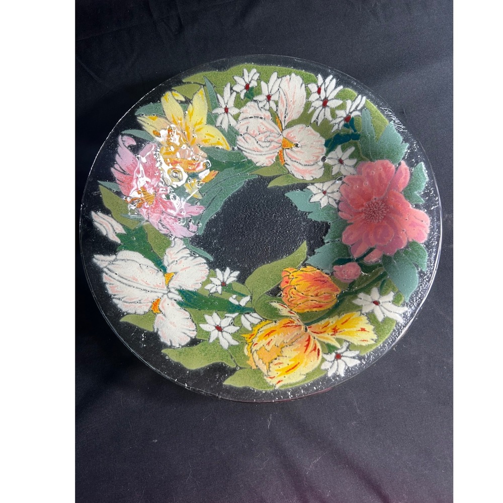Peggy Karr Vintage Signed 2009 Floral Wreath Fused Art Glass Centerpiece‎ 13"